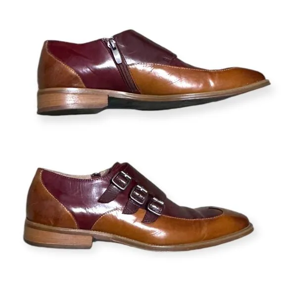 Steven Land Triple Monk Strap Cognac Oxblood Pointed Toe Wingtip Shoes Men's 8.5
