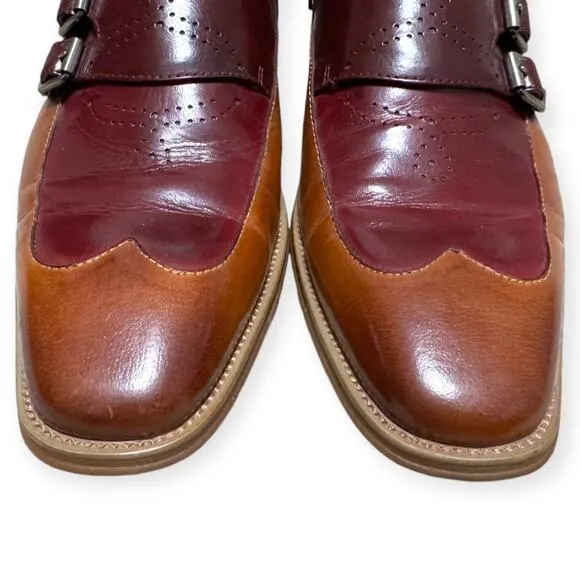Steven Land Triple Monk Strap Cognac Oxblood Pointed Toe Wingtip Shoes Men's 8.5
