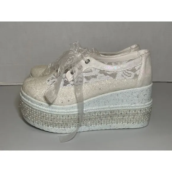 Stilo Sparkle Lace Bridal Wedding Platform Sneaker Shoes - Size 8.5