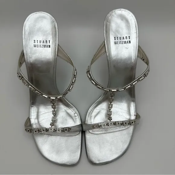 Stuart Weitzman 8.5 Silver Leather Square Rhinestone Bridal T-Strap Heels Sz…