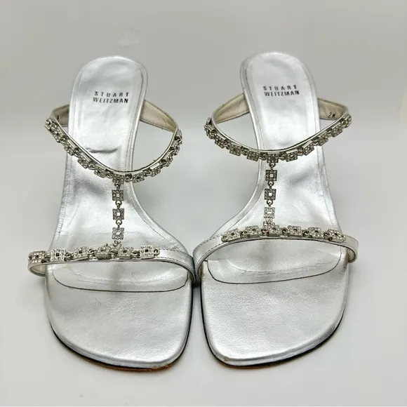 Stuart Weitzman 8.5 Silver Leather Square Rhinestone Bridal T-Strap Heels Sz…