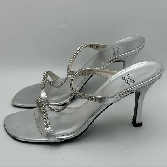 Stuart Weitzman 8.5 Silver Leather Square Rhinestone Bridal T-Strap Heels Sz…