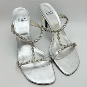 Stuart Weitzman 8.5 Silver Leather Square Rhinestone Bridal T-Strap Heels Sz…