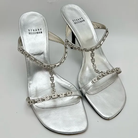 Stuart Weitzman 8.5 Silver Leather Square Rhinestone Bridal T-Strap Heels Sz…