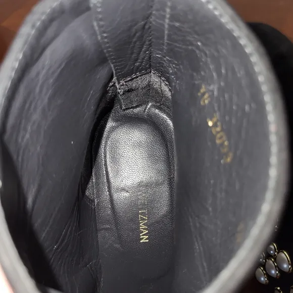 Stuart Weitzman Black Suede Bacari Ankle Boots with Pearl Embellished Heel 5.5 M