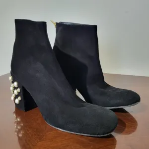 Stuart Weitzman Black Suede Bacari Ankle Boots with Pearl Embellished Heel 5.5 M