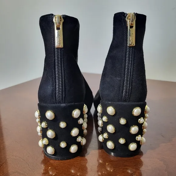 Stuart Weitzman Black Suede Bacari Ankle Boots with Pearl Embellished Heel 5.5 M