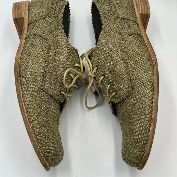 Stuart Weitzman Green Raffia Lace Up Wood Heel Oxfords Sz 39/8.5