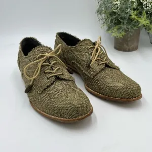 Stuart Weitzman Green Raffia Lace Up Wood Heel Oxfords Sz 39/8.5