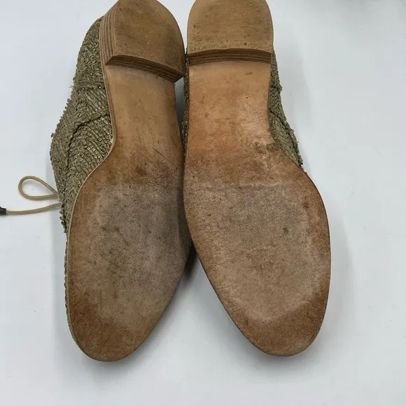 Stuart Weitzman Green Raffia Lace Up Wood Heel Oxfords Sz 39/8.5