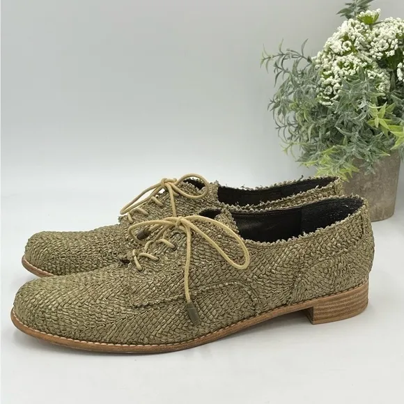 Stuart Weitzman Green Raffia Lace Up Wood Heel Oxfords Sz 39/8.5