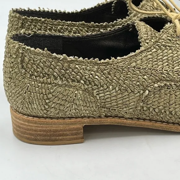 Stuart Weitzman Green Raffia Lace Up Wood Heel Oxfords Sz 39/8.5