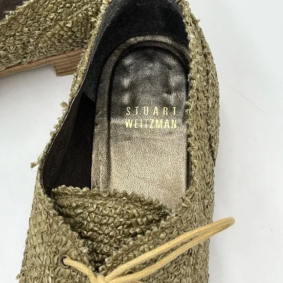 Stuart Weitzman Green Raffia Lace Up Wood Heel Oxfords Sz 39/8.5