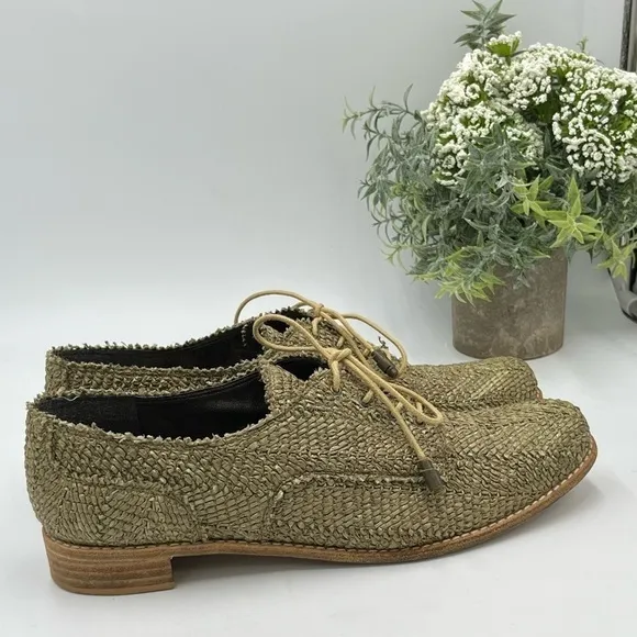 Stuart Weitzman Green Raffia Lace Up Wood Heel Oxfords Sz 39/8.5