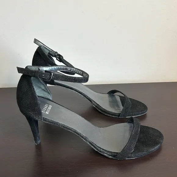 Stuart Weitzman Nun Naked Black Heels Sparkle Ankle Strap Open Toe Sandals 10.5