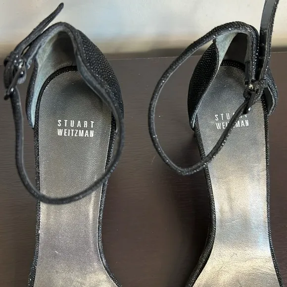 Stuart Weitzman Nun Naked Black Heels Sparkle Ankle Strap Open Toe Sandals 10.5