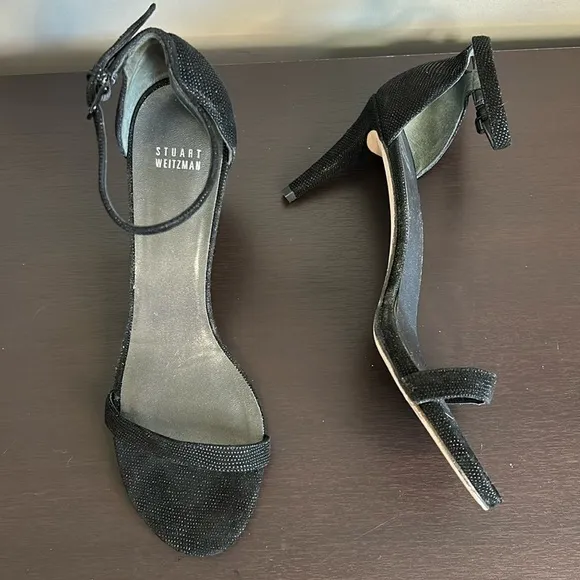 Stuart Weitzman Nun Naked Black Heels Sparkle Ankle Strap Open Toe Sandals 10.5