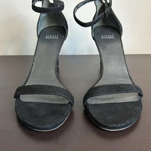 Stuart Weitzman Nun Naked Black Heels Sparkle Ankle Strap Open Toe Sandals 10.5