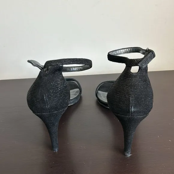 Stuart Weitzman Nun Naked Black Heels Sparkle Ankle Strap Open Toe Sandals 10.5