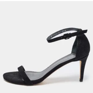 Stuart Weitzman Nun Naked Black Heels Sparkle Ankle Strap Open Toe Sandals 10.5
