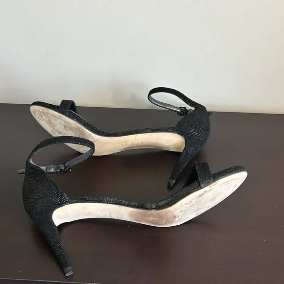 Stuart Weitzman Nun Naked Black Heels Sparkle Ankle Strap Open Toe Sandals 10.5