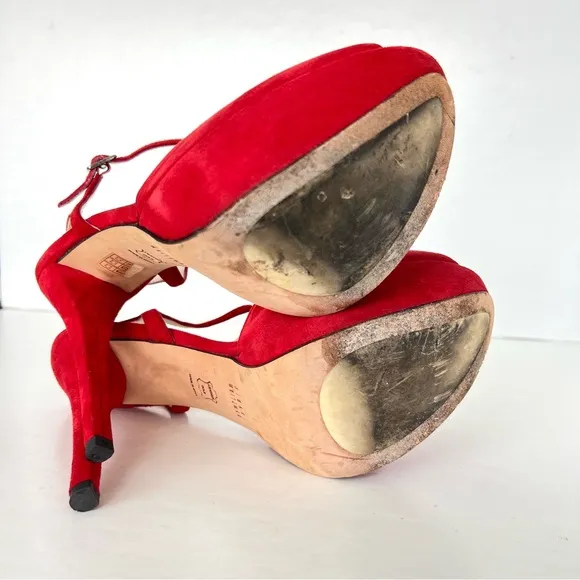 STUART WEITZMAN Red Suede Open Toe Strap Buckle Platform Heel Boho Sandals Sz 40