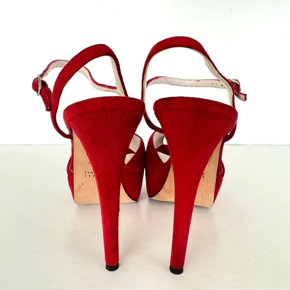 STUART WEITZMAN Red Suede Open Toe Strap Buckle Platform Heel Boho Sandals Sz 40