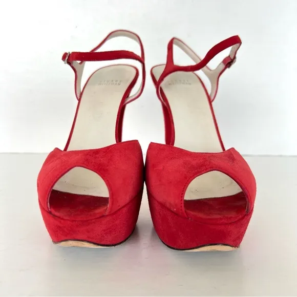 STUART WEITZMAN Red Suede Open Toe Strap Buckle Platform Heel Boho Sandals Sz 40