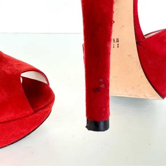 STUART WEITZMAN Red Suede Open Toe Strap Buckle Platform Heel Boho Sandals Sz 40