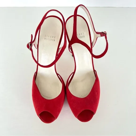STUART WEITZMAN Red Suede Open Toe Strap Buckle Platform Heel Boho Sandals Sz 40