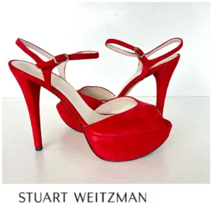 STUART WEITZMAN Red Suede Open Toe Strap Buckle Platform Heel Boho Sandals Sz 40