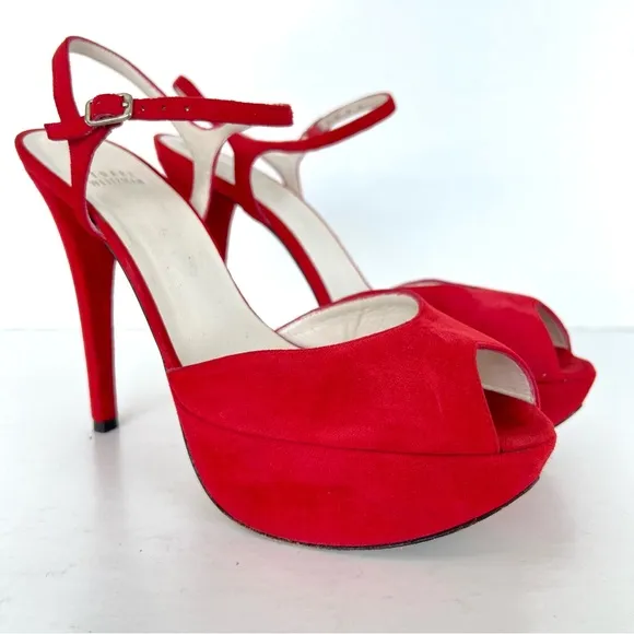 STUART WEITZMAN Red Suede Open Toe Strap Buckle Platform Heel Boho Sandals Sz 40