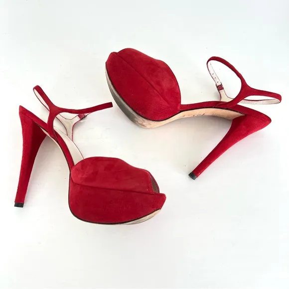 STUART WEITZMAN Red Suede Open Toe Strap Buckle Platform Heel Boho Sandals Sz 40