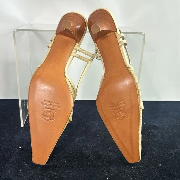 Stuart Weitzman Tan Fabric Mid Wood Heel Sling Shoes