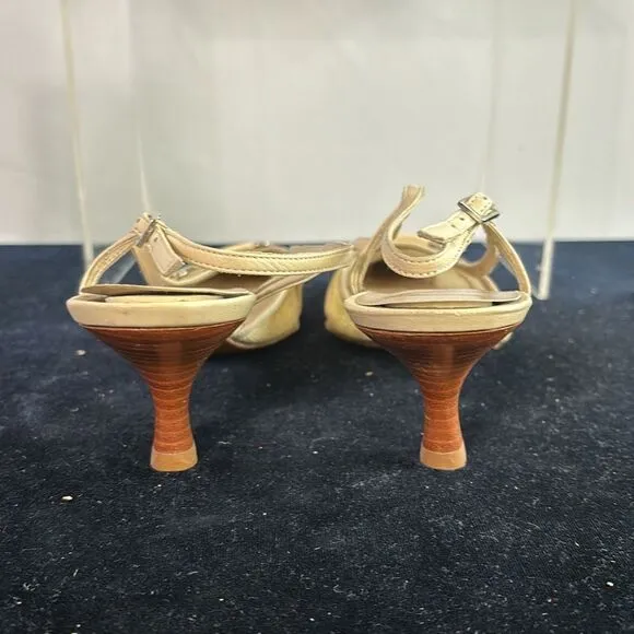 Stuart Weitzman Tan Fabric Mid Wood Heel Sling Shoes