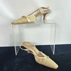 Stuart Weitzman Tan Fabric Mid Wood Heel Sling Shoes