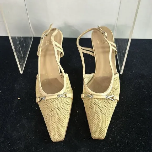 Stuart Weitzman Tan Fabric Mid Wood Heel Sling Shoes