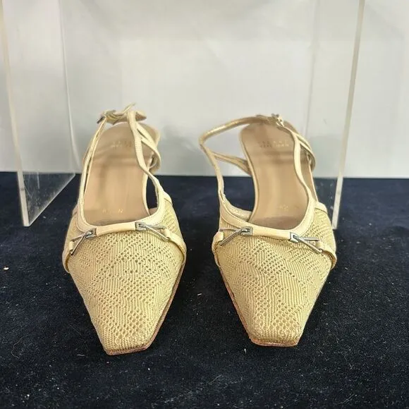 Stuart Weitzman Tan Fabric Mid Wood Heel Sling Shoes
