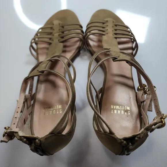 Stuart Weitzman Tan Nubuck Strappy Gladiator Kitten Heel Size 11