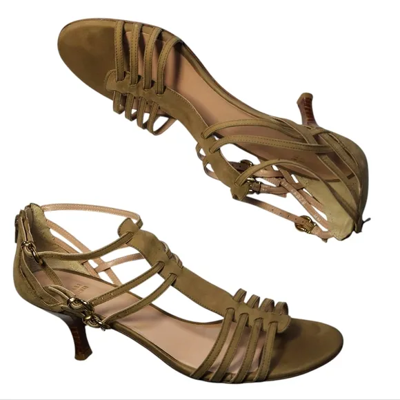 Stuart Weitzman Tan Nubuck Strappy Gladiator Kitten Heel Size 11