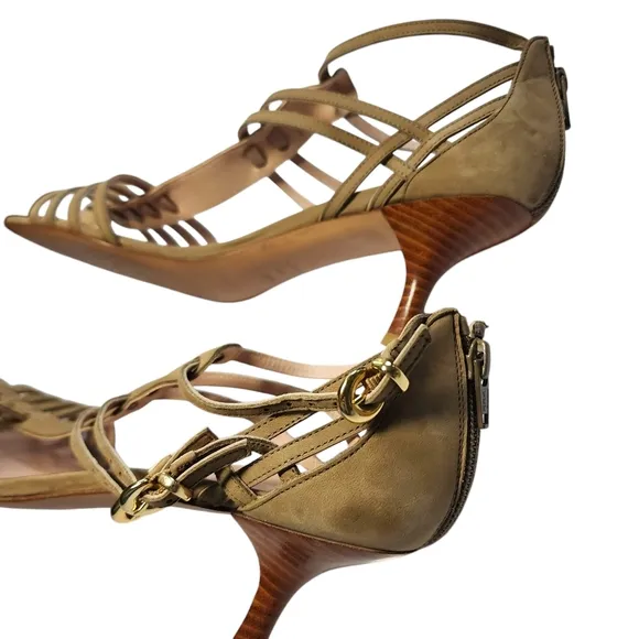 Stuart Weitzman Tan Nubuck Strappy Gladiator Kitten Heel Size 11