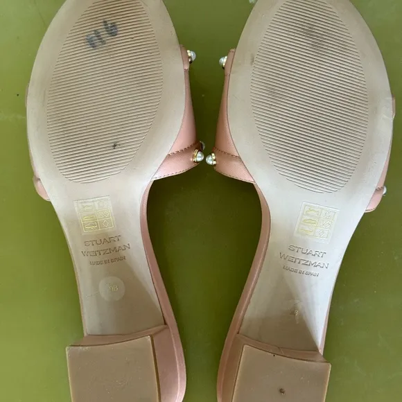 Stuart Weitzman Tan Pearl-Embellished Women's Slide Sandals 👡