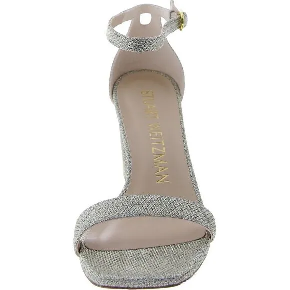 Stuart Weitzman Womens Silver Ankle Strap Open Toe Casual Heels Shoes New