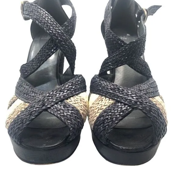 Stuart Weitzman Bradford Woven Leather Platform Cone Heels Sandals Size 8.5M