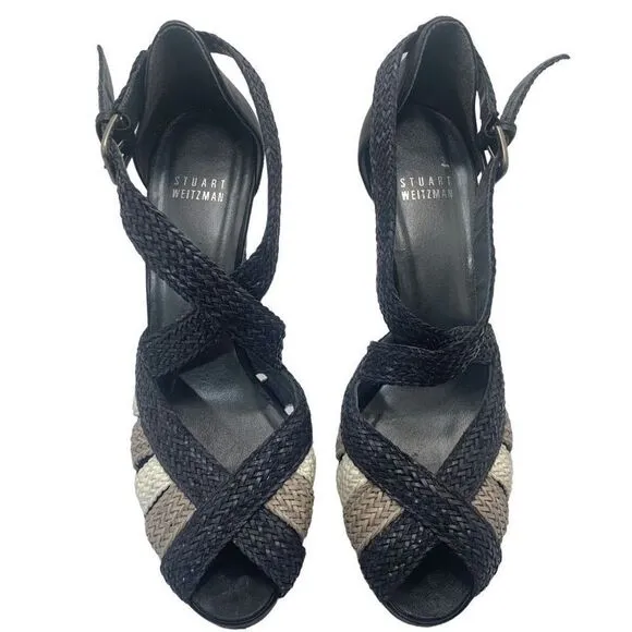 Stuart Weitzman Bradford Woven Leather Platform Cone Heels Sandals Size 8.5M