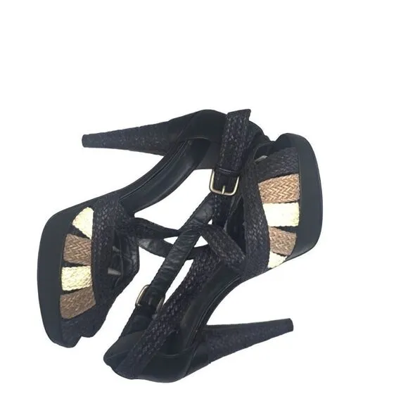 Stuart Weitzman Bradford Woven Leather Platform Cone Heels Sandals Size 8.5M