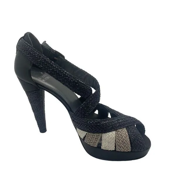 Stuart Weitzman Bradford Woven Leather Platform Cone Heels Sandals Size 8.5M