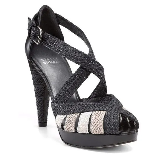Stuart Weitzman Bradford Woven Leather Platform Cone Heels Sandals Size 8.5M