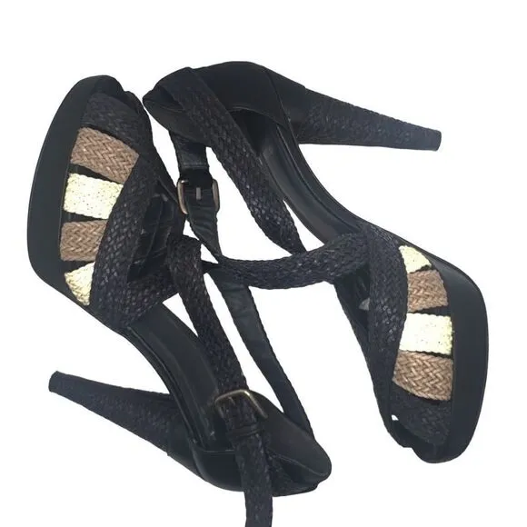 Stuart Weitzman Bradford Woven Leather Platform Cone Heels Sandals Size 8.5M