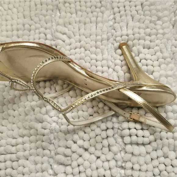 Stuart Weitzman Sandal Size 9M Gold Strappy Embellished Rhinestone Holiday